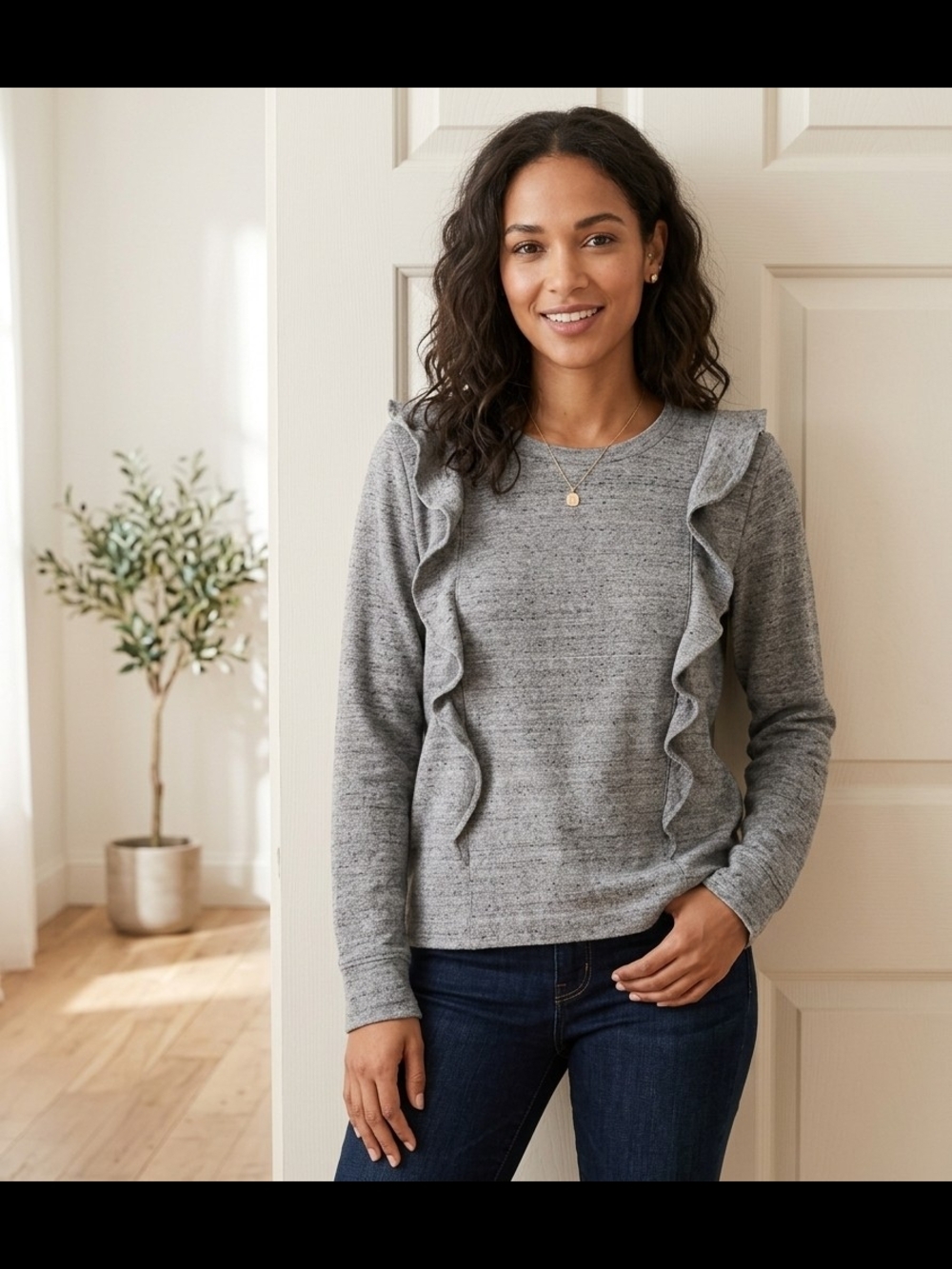 J.Crew Mercantile Gray Ruffle Top Women's Small Soft Knit Pullover Long Sleeve